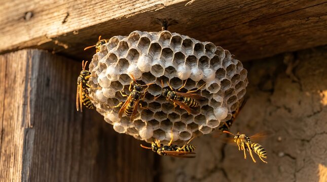 Wasp nest with stinging insects on wooden structure, showing honeycomb cells and swarm activity, dangerous pest control and wildlife observation outdoors.