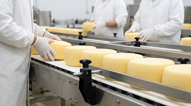 Workers in white coats and gloves handle large wheels of yellow cheese on a conveyor belt in a dairy food production factory for packaging.