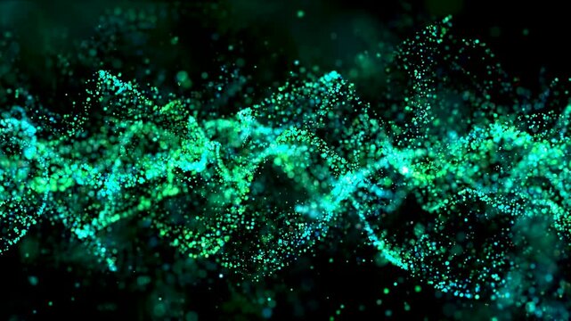 Cyan and green particles forming curved signal paths within a dark digital scene, suggesting data, connectivity, and electronic communication.