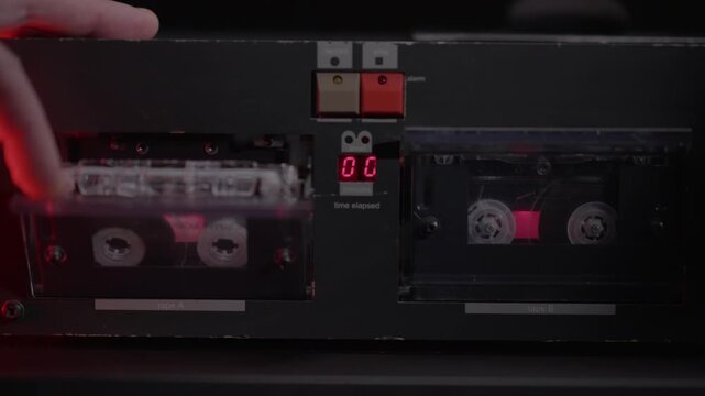 Hand loads a cassette tape into a dual deck player under red light. Gritty retro audio recording scene, ideal for police interrogation, wiretap evidence, crime mystery, and forensic thrillers.