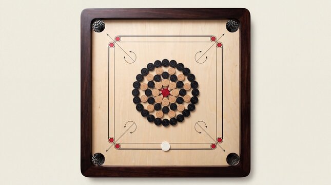 Overhead View of Carrom Pieces Arranged in Flower Pattern Around Red Queen