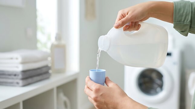 Close up of woman pouring liquid bleach or fabric softener into blue dispenser cup with blurry washing machine background for household sanitation and cleaning.