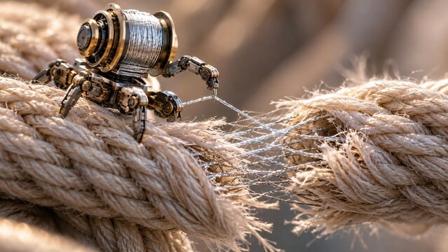 Small mechanical insect walking across thick twisted ropes. Macro view of robotic bug on rope fibers. Robotics and engineering concept. Technology meets nature. Surreal miniature scene.