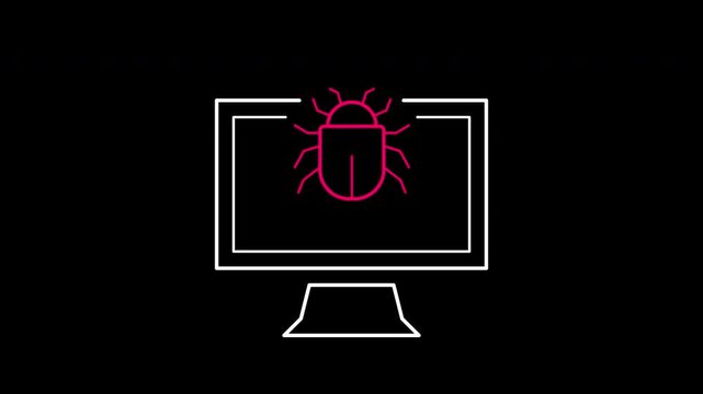 Malware infection icon animation on transparent background showing a computer monitor screen with bug virus with trim paths in and out. Cyber threat attack, and digital software security concept.
