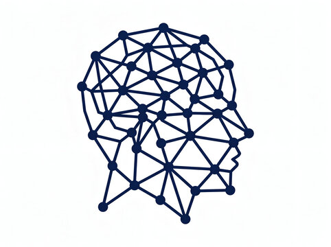 Human head profile made of connected nodes and lines, artificial intelligence neural network concept in navy blue on white background, technology and data science illustration