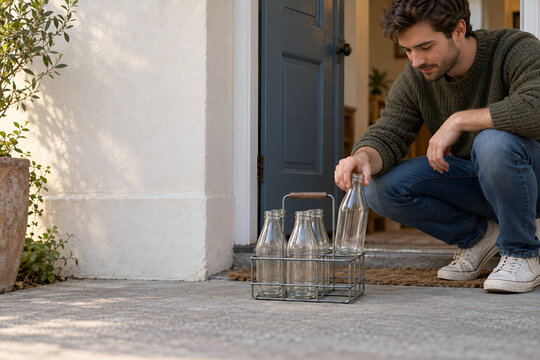 Man returning empty glass milk bottles in a wire carrier at a doorway