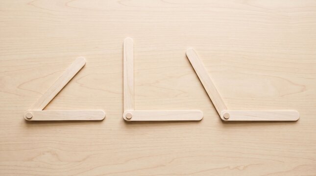 Wooden angle models demonstrating acute, right, and obtuse angles on a wooden surface for mathematics education