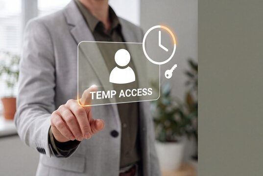 administrator touches temporary access hologram, glowing identity badge with clock and key represents expiring permissions for external collaborators