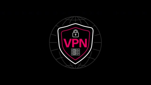 VPN encryption icon animation on transparent background showing global internet shield and network grid with trim paths in and out. Virtual private proxy network, and cyber privacy system concept.