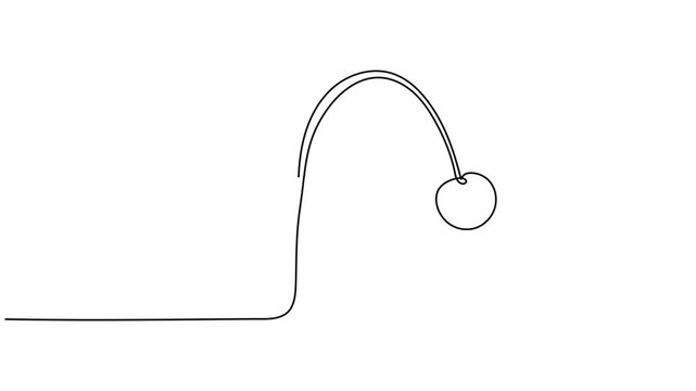 Continuous line art drawing of two sweet cherries hanging from stems on a white background, minimalist food illustration.
