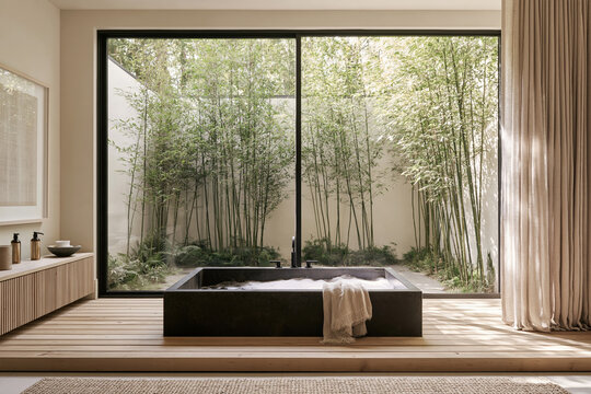 Japandi bathroom with black soaking tub, bamboo garden view, wood cabinetry and linen curtain