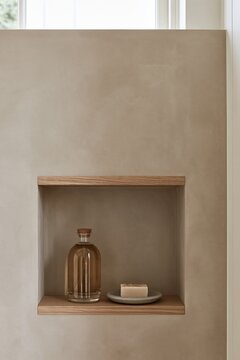 Japandi bathroom wall niche with wood shelf, amber glass bottle, and soap dish in neutral interior
