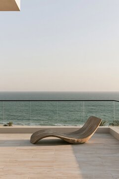 Sculptural wooden lounge chair on a seaside terrace overlooking the ocean at a beach club