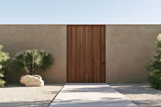 Tropical modern beach club entrance with wooden door, concrete wall, palms and gravel