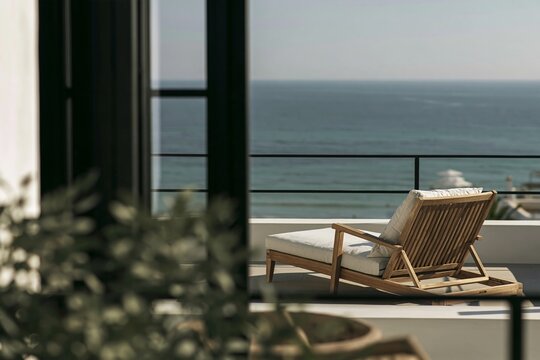 Empty wooden lounge chair on a modern seaside terrace overlooking the ocean at a tropical beach club