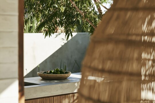 Tropical modernist beach club terrace with bowl of green fruit, concrete surfaces, and woven shade