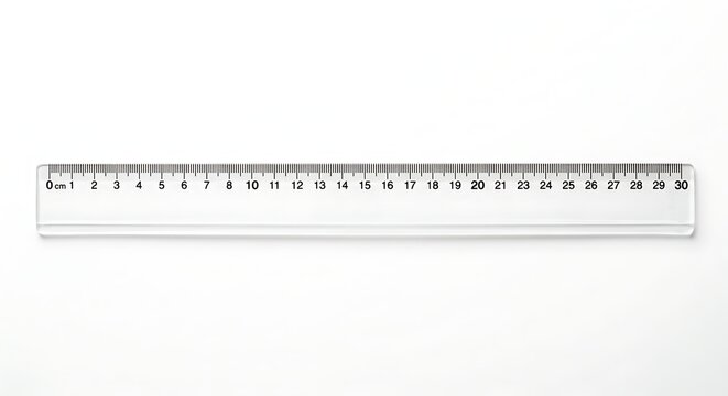A 30 cm transparent plastic ruler with precise markings in centimeters and millimeters, perfect for measuring tasks