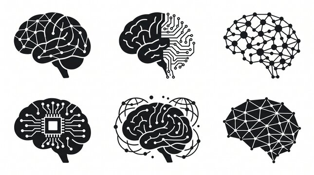 A collection of six solid black vector icons illustrating human brains integrated with neural networks, synaptic connections, artificial intelligence, and data nodes on white background.