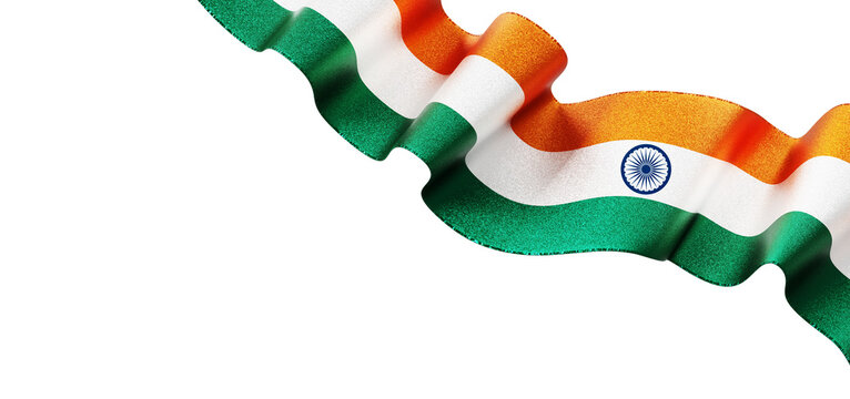 Indian flag glitter ribbon waving isolated on transparent background with copy space 3D render