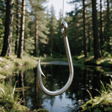 Shiny Metal Fishing Hook Hanging on Nylon Line Above a Forest Pond