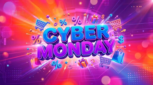 Glossy 3D blue and purple text Cyber Monday with flying shopping carts, bags, gift boxes, percent signs and dollar symbols on a pink, orange and violet glowing background, online sale promotion banner