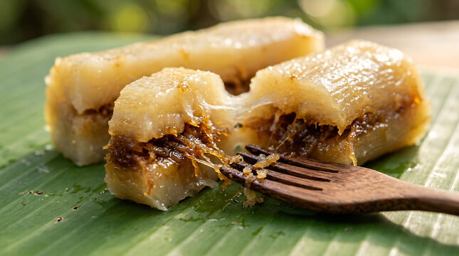 Closeup of Traditional Filipino Sticky Rice Dessert with Sweet Coconut Filling Served on Fresh Banana Leaf with Wooden Fork
