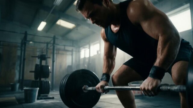 Muscular male weightlifter grips heavy barbell inside rustic gym while chalk dust floats in air. Determined athlete establishes firm grip on iron bar preparing for intense deadlift workout.