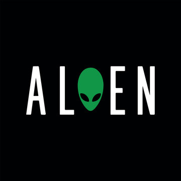 Modern alien typography vector design with green extraterrestrial head icon on black background for apparel prints, t-shirts, and posters. 