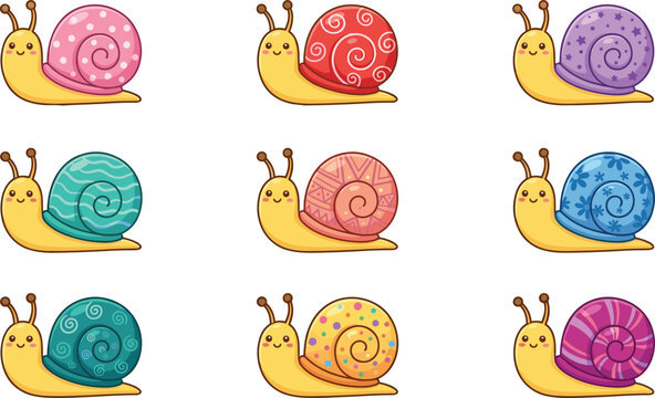 cartoon snails with colorful patterned shells collection, funny mollusk flat vector illustration
