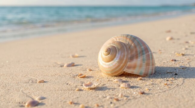 Large spiral snail shell resting on sandy shore with turquoise ocean water backgrounding.