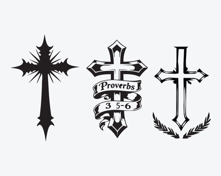 &bull; Gothic and Christian Cross Tattoo Designs Vector Pack &ndash; Proverbs Bible Verse & Laurel Wreath Cross Tattoo Flash
