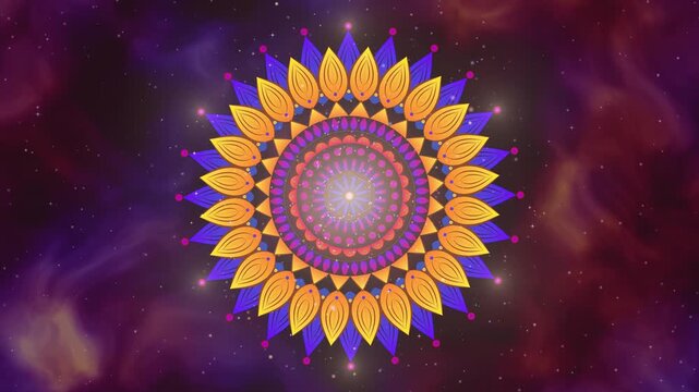 Vector mandala with glowing light effects, cosmic nebula background, meditative