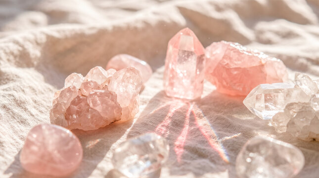 natural pink rose quartz crystals raw stones and clear polished gemstones resting on wrinkled beige linen fabric under direct sunlight