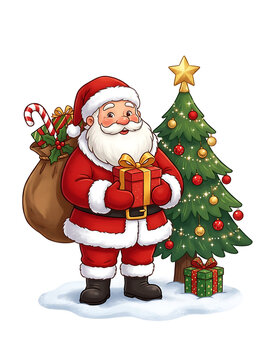 Cheerful santa claus holding a red gift box with a decorated christmas tree and a sack of presents isolated on transparent background