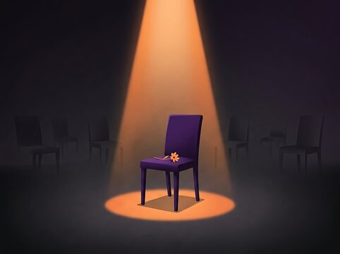 A single purple chair illuminated by a warm spotlight in a dark room with a small orange flower resting on the seat