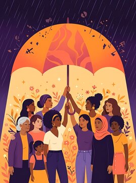 Diverse group of women standing together under a large umbrella protecting them from rain, symbolizing unity, support, empowerment, and sisterhood