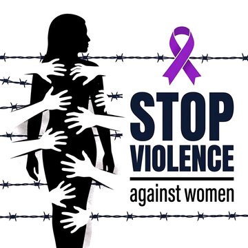 Stop violence against women concept, silhouette of a woman surrounded by hands and barbed wire, awareness campaign for genderbased violence