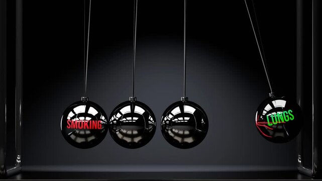 Smoking damages lungs. Step by step lungs accumulates harm from smoking. Elegant Newton cradle metaphor of smoking destroying lungs, cause and effect.