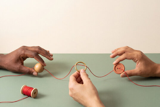 Red common thread joining deep brown, fair and tan adult hands, unity and shared values concept with copy space