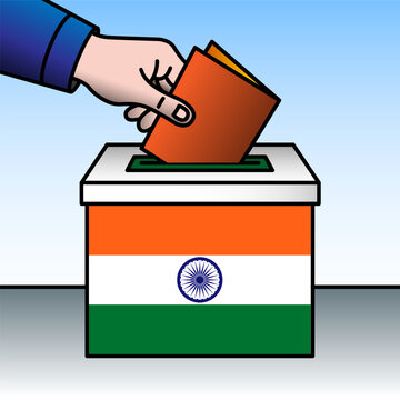 India, ballot box, flag and hand inserting a ballot paper into a ballot box, vector illustration