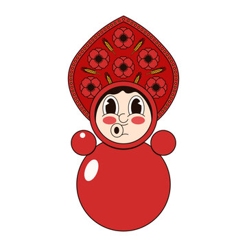 Retro Russian tumbler doll vector design isolated transparent background. 60s style doll in Russian kokoshnik. Perfect for retro folk ethnic child t-shirt print and kids room wall decoration. 