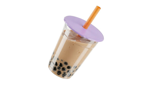 Delicious bubble tea with tapioca pearls and a purple lid on a clear cup isolated on transparent background