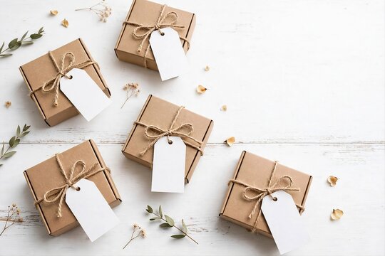 Brown kraft gift boxes with blank white tags and twine on white wooden table