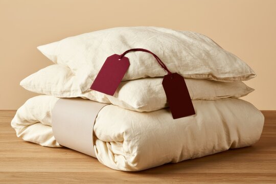 A folded cream linen duvet cover and two matching pillowcases are arranged on a pale oak tabletop with a burgundy sale tag and paper sleeve.