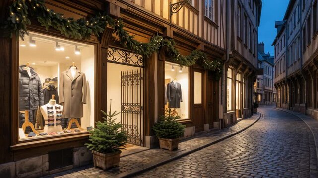 festive retail window display, elegant clothing, warm lights, greenery, timber framing, holiday decoration, charming shop. christmas new year holiday celebration shop store interior showcase present