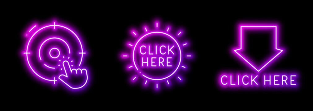 Three neon icons featuring finger touching target circle for interface selection; click here circle button for web call action; and click here down arrow for interface button interface
