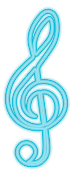 Treble clef neon sign. Music blue glowing symbol