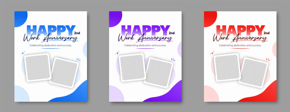 Happy 2nd Work Anniversary Celebration Template Set in Blue Purple and Red for Employee Appreciation and Recognition Concept of Career Milestone, Dedication, Professional Achievement and Success