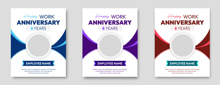 Happy 6 Years Work Anniversary Celebration Template Set in Blue Purple and Red for Employee Appreciation and Recognition Concept of Career Milestone, Dedication, Loyalty and Corporate Success