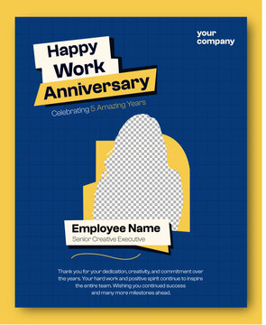 Happy 5 Years Work Anniversary Celebration Template in Blue and Yellow for Employee Appreciation and Recognition Concept of Career Milestone, Professional Dedication, Creativity and Corporate Success